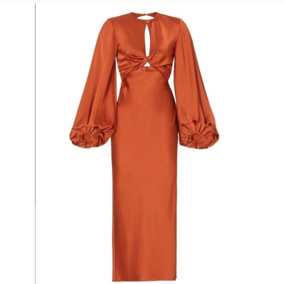 Significant Other Satin Open Back Balloon Sleeves Formal Evening Maxi Dress - Picture 4 of 11